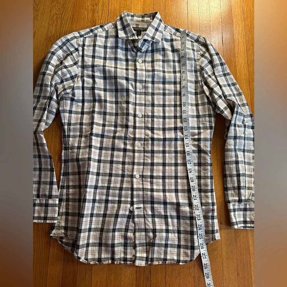 Banana Republic Tan & Cream Plaid Linen & Cotton Tailored Slim Fit Button-Up, S